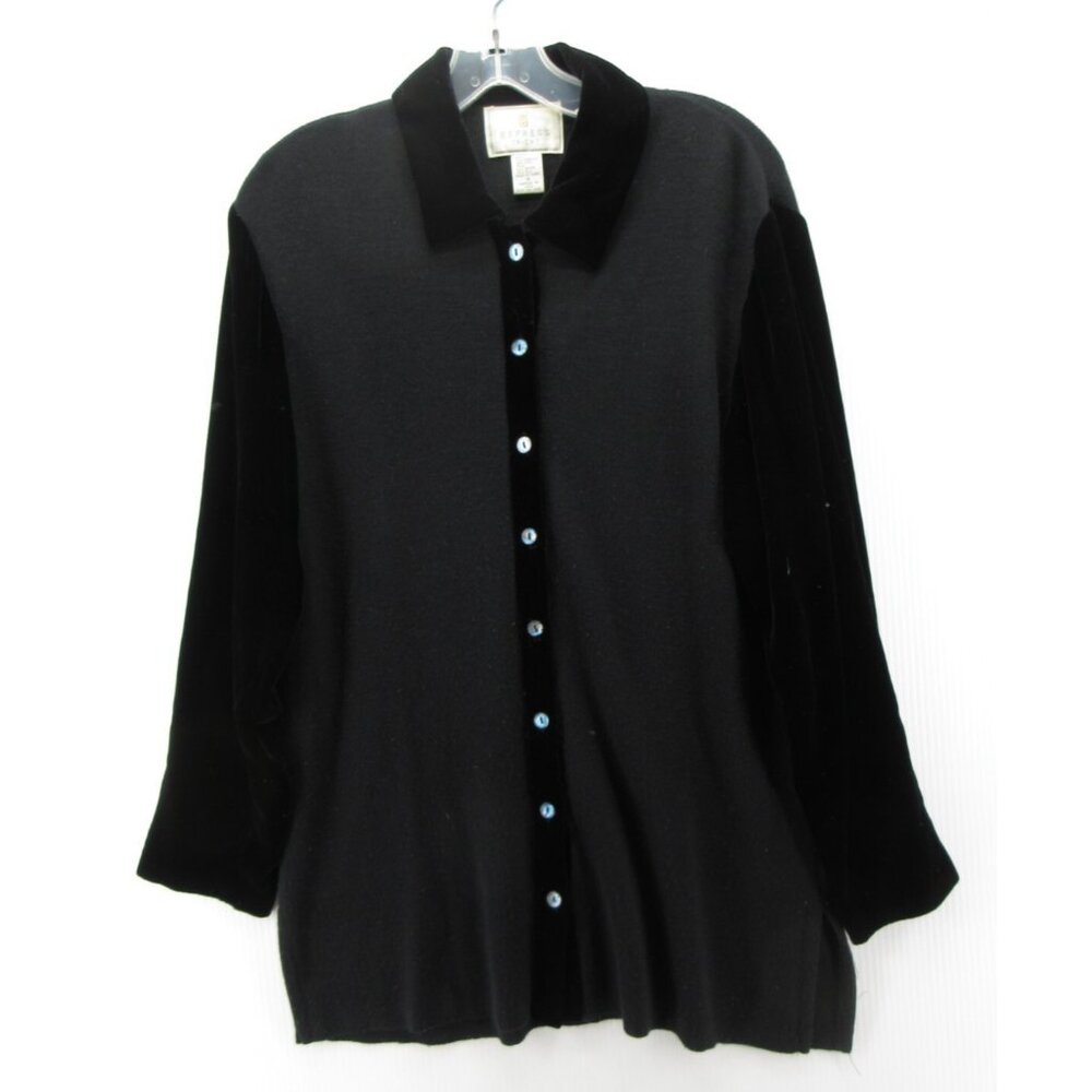 VINTAGE Express Top Small Tricot Wool Silk Sweater Velvet Trim Shirt